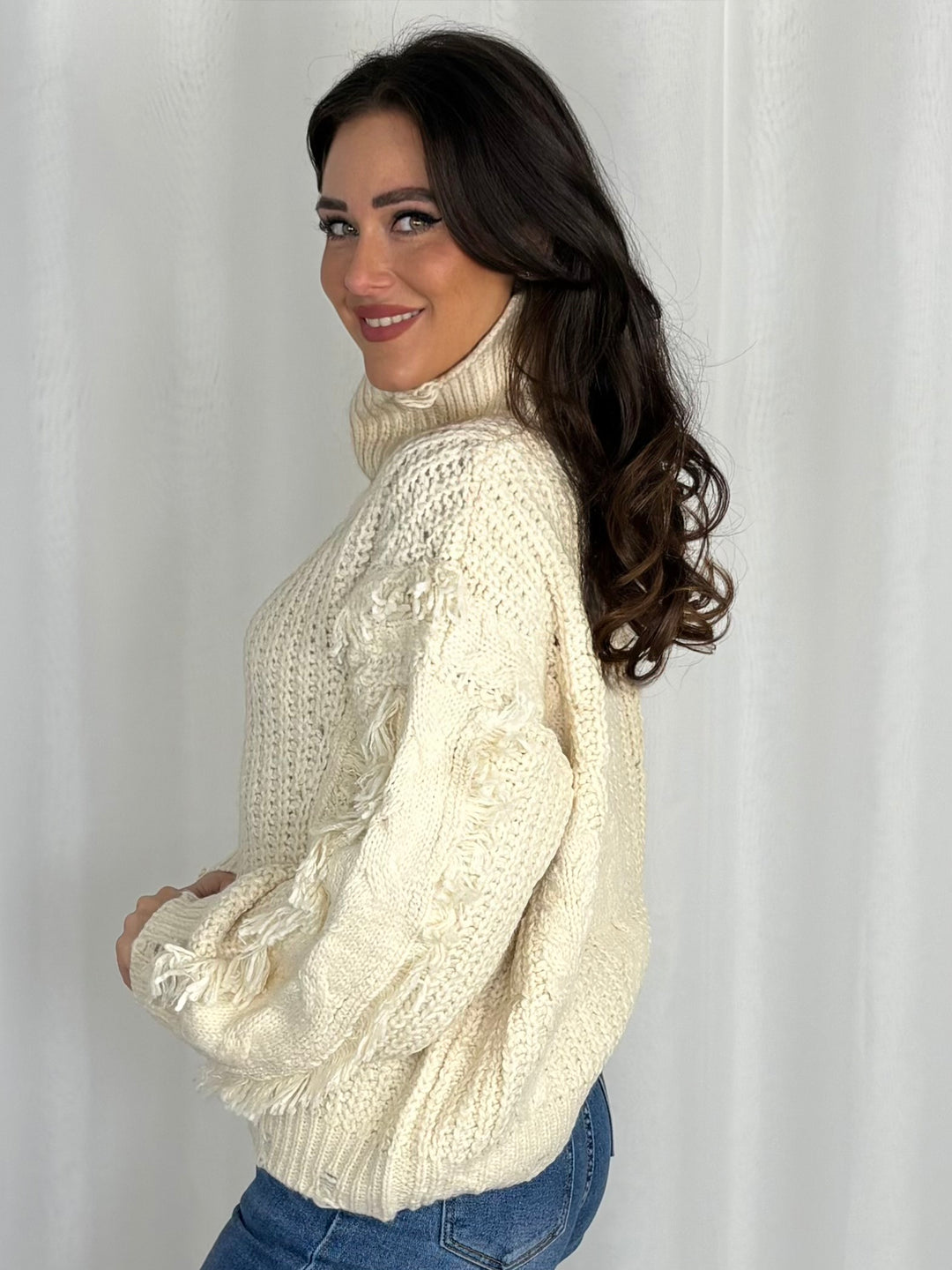 High Neck Cable Knit Fringe Detail Jumper (3 Colours)