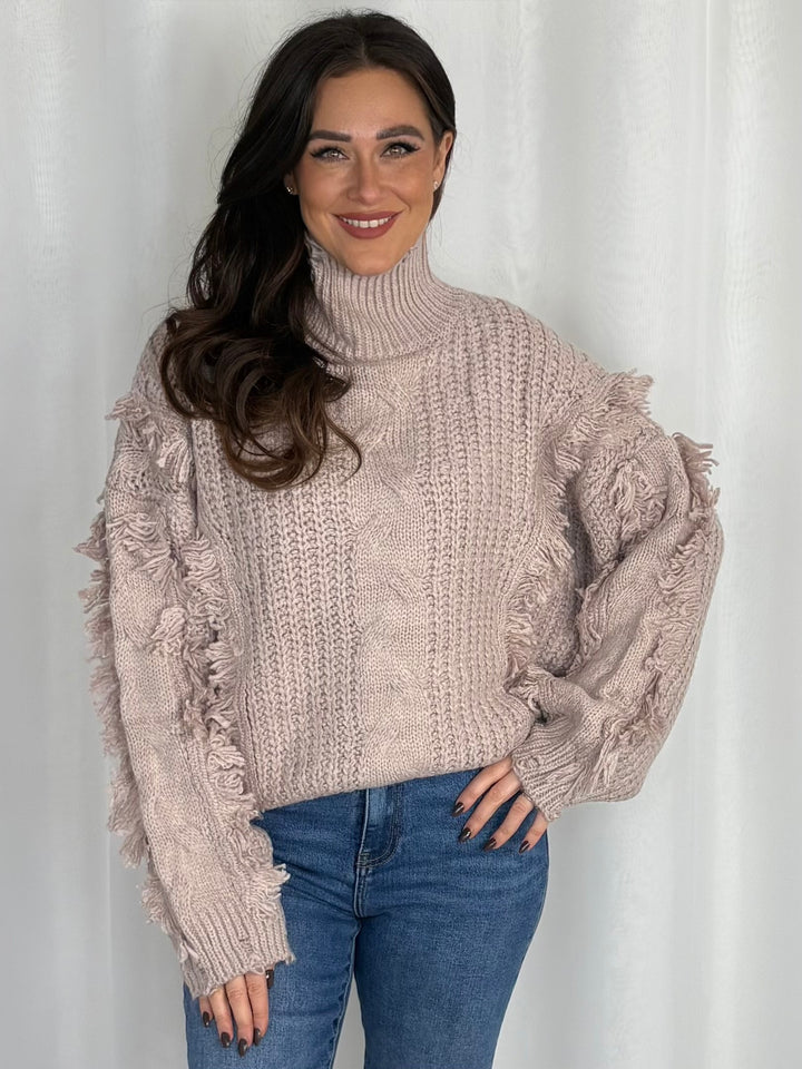 High Neck Cable Knit Fringe Detail Jumper (3 Colours)