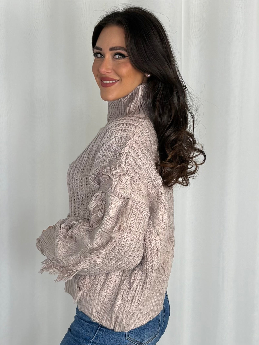 High Neck Cable Knit Fringe Detail Jumper (3 Colours)