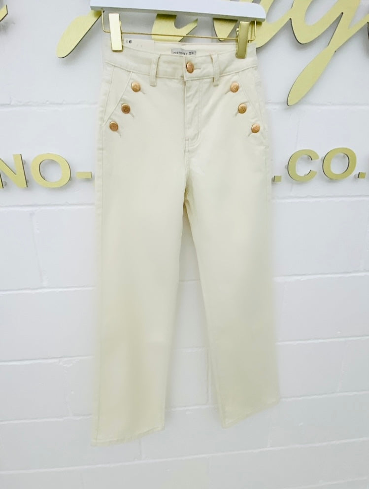 Cream Gold Button Straight Leg Jeans