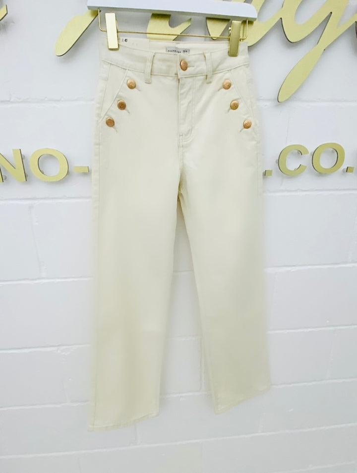 Cream Gold Button Straight Leg Jeans