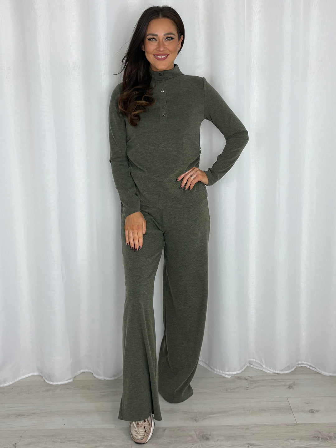 High Neck 3/4 Button Ruched Side Top & Trouser Co-ord (5 Colours)