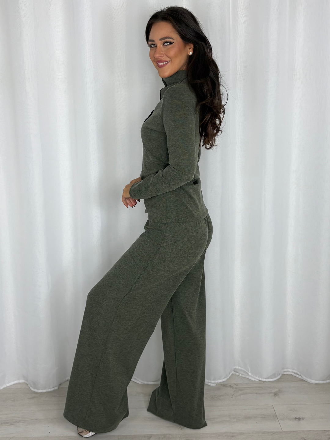 High Neck 3/4 Button Ruched Side Top & Trouser Co-ord (5 Colours)