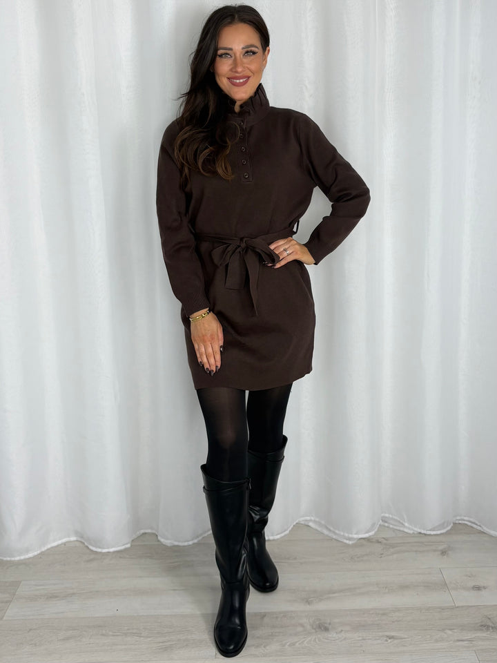 Frill High Neck Tie Up Knitted Dress (4 Colours)