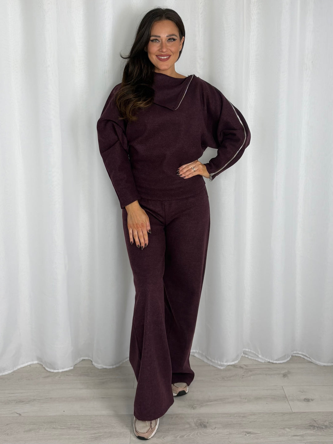 Fold Over Neckline Top With Exposed Zip And Trouser Co-Ord (3 Colours)