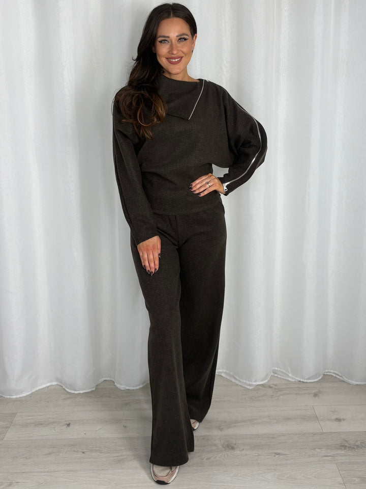 Fold Over Neckline Top With Exposed Zip And Trouser Co-Ord (3 Colours)