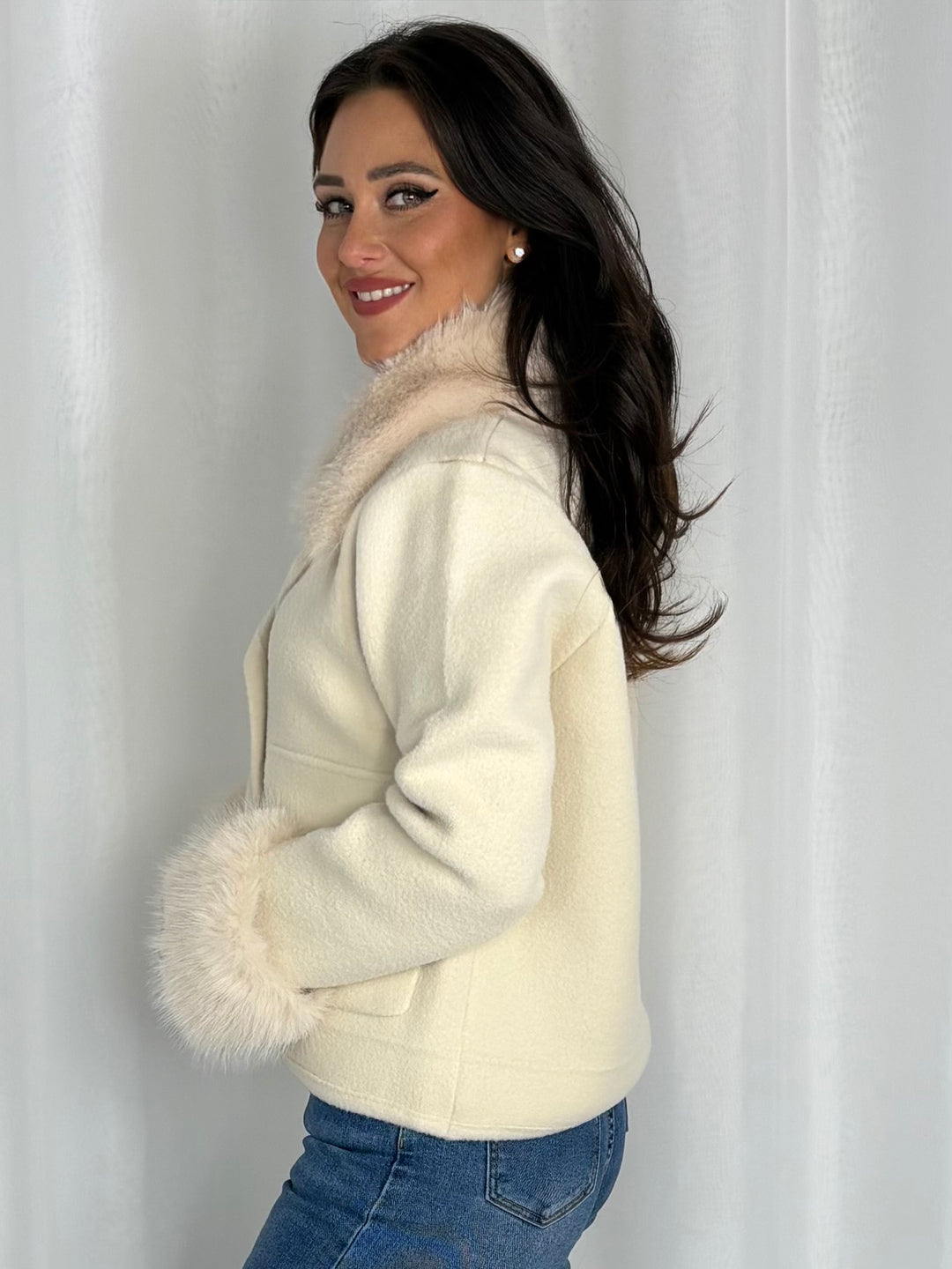 Faux Fur Detachable Collar And Cuff Double Breasted Jacket (2 Colours)