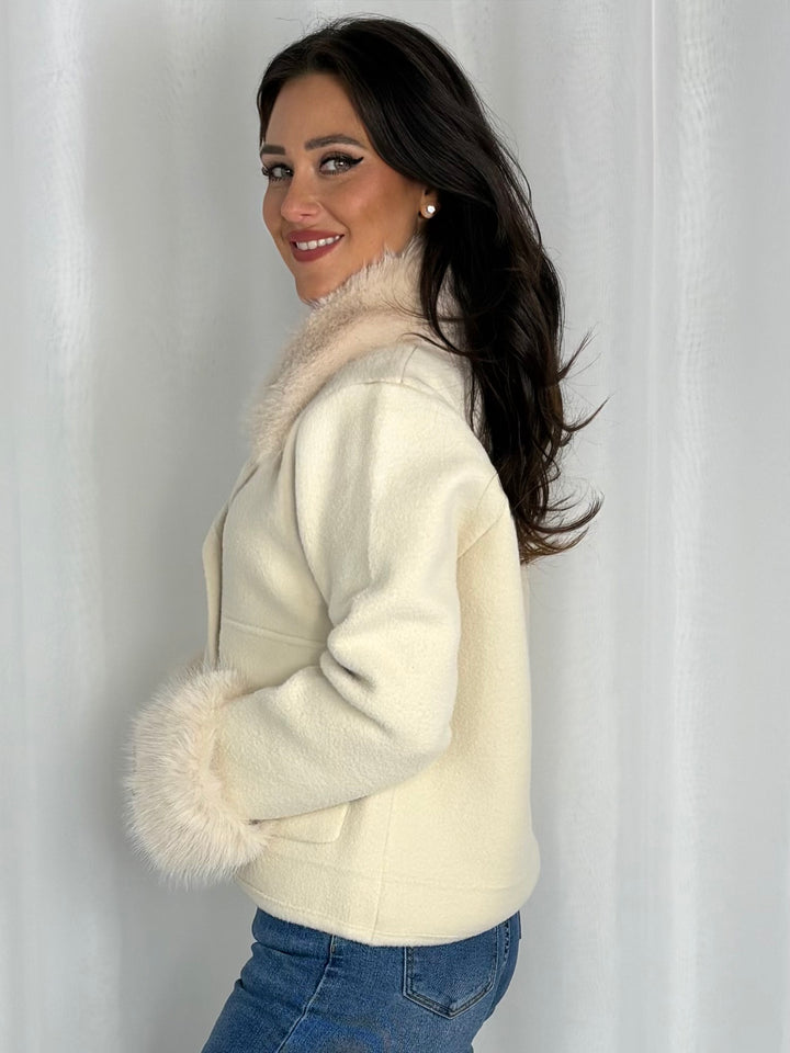 Faux Fur Detachable Collar And Cuff Double Breasted Jacket (2 Colours)