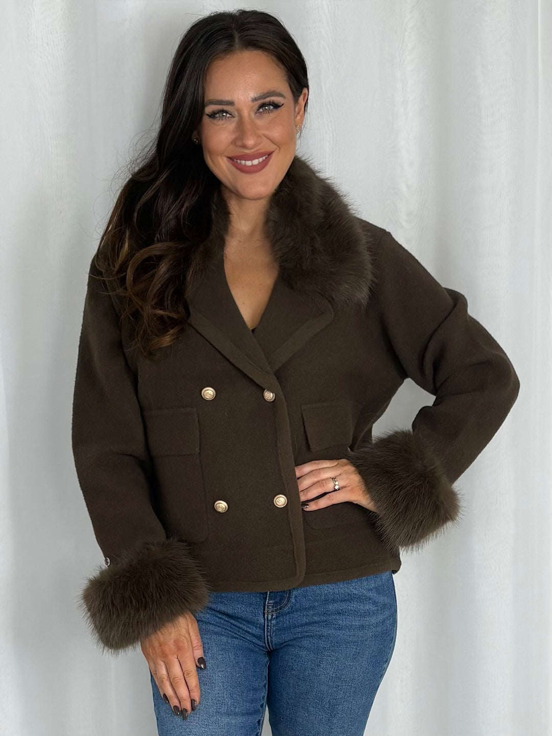 Faux Fur Detachable Collar And Cuff Double Breasted Jacket (2 Colours)