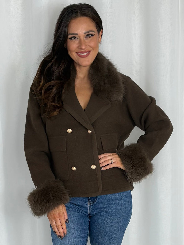 Faux Fur Detachable Collar And Cuff Double Breasted Jacket (2 Colours)