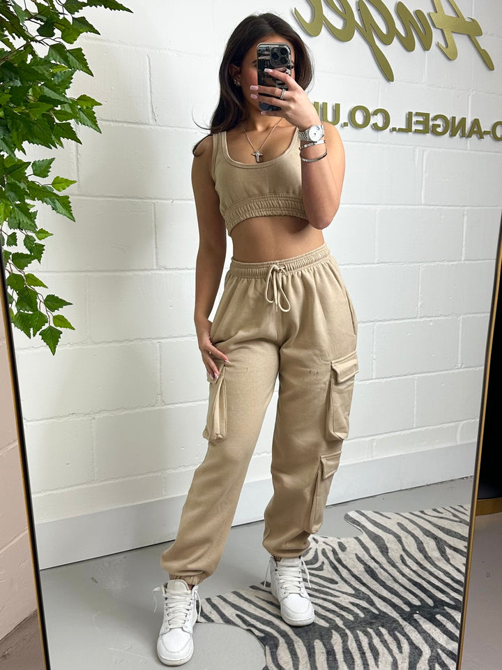 Tan Combat Joggers And Crop Top 9953