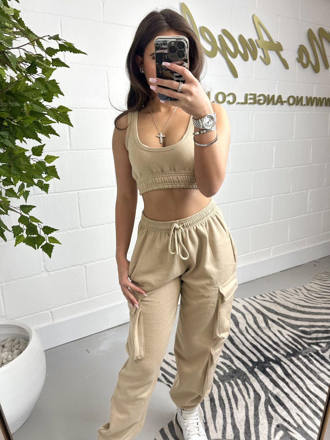 Tan Combat Joggers And Crop Top 9953