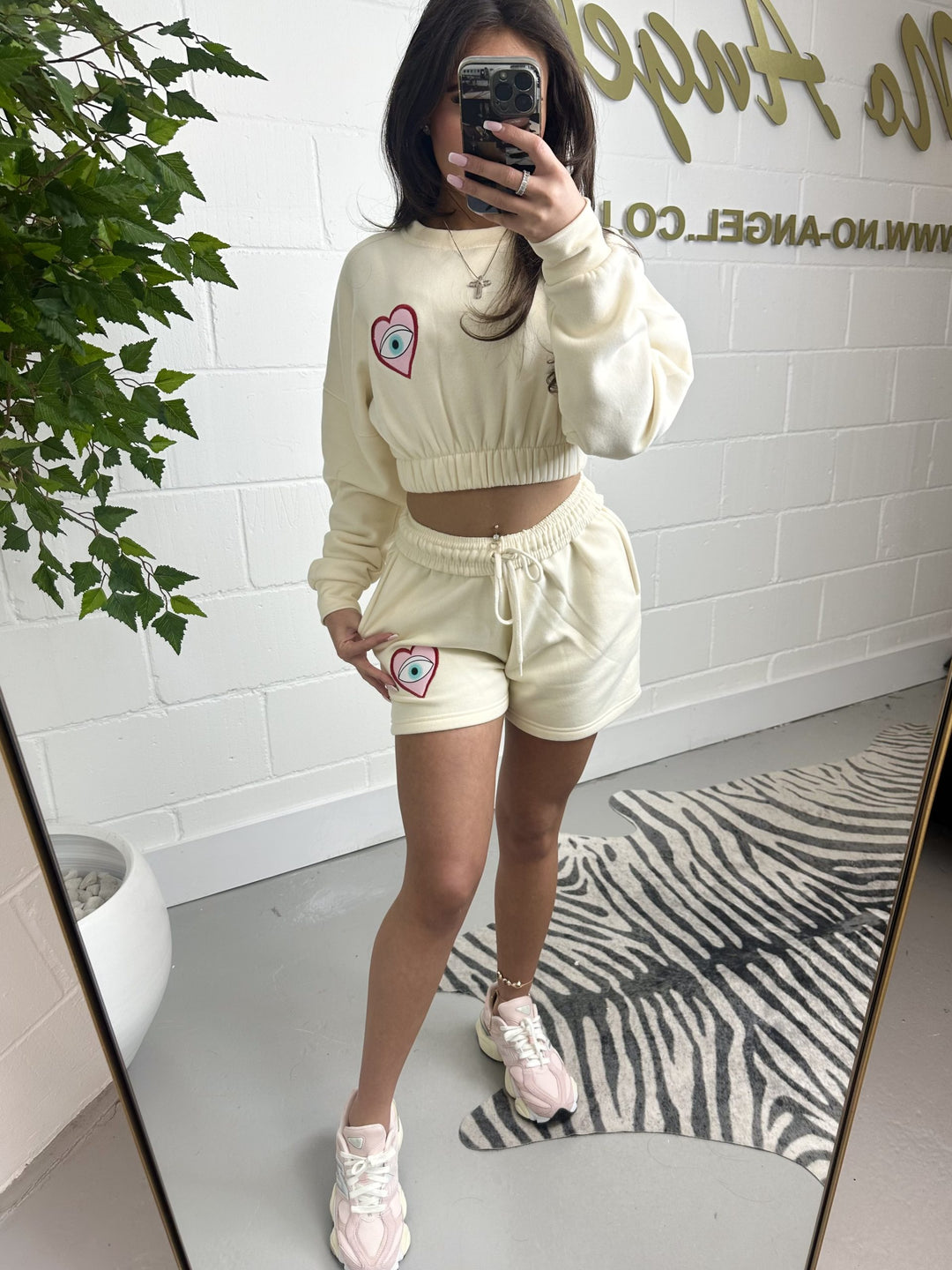 Cream Cropped Heart Evil Eye Jumper & Shorts Co-Ord Set