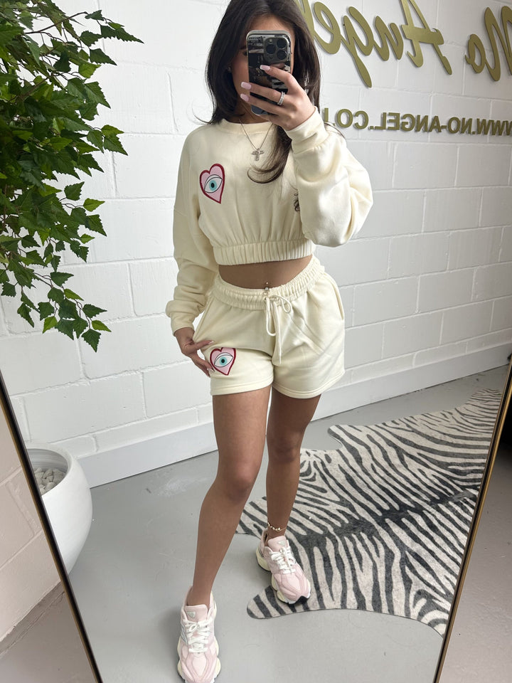 Cream Cropped Heart Evil Eye Jumper & Shorts Co-Ord Set