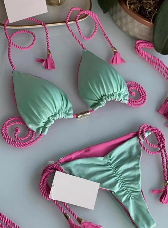 Turquoise/Pink Rope Triangle Thong Bikini 9986