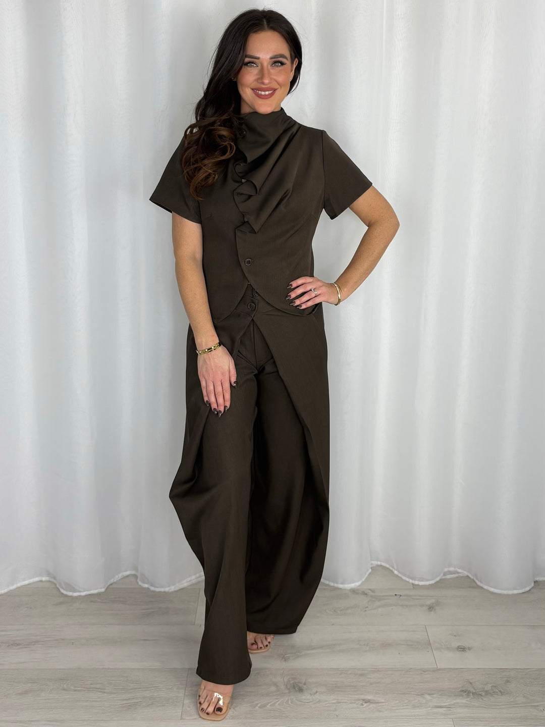 Draped Neck Waistcoat With Crossover Barrel Leg Trouser Co-Ord (2 Colours)