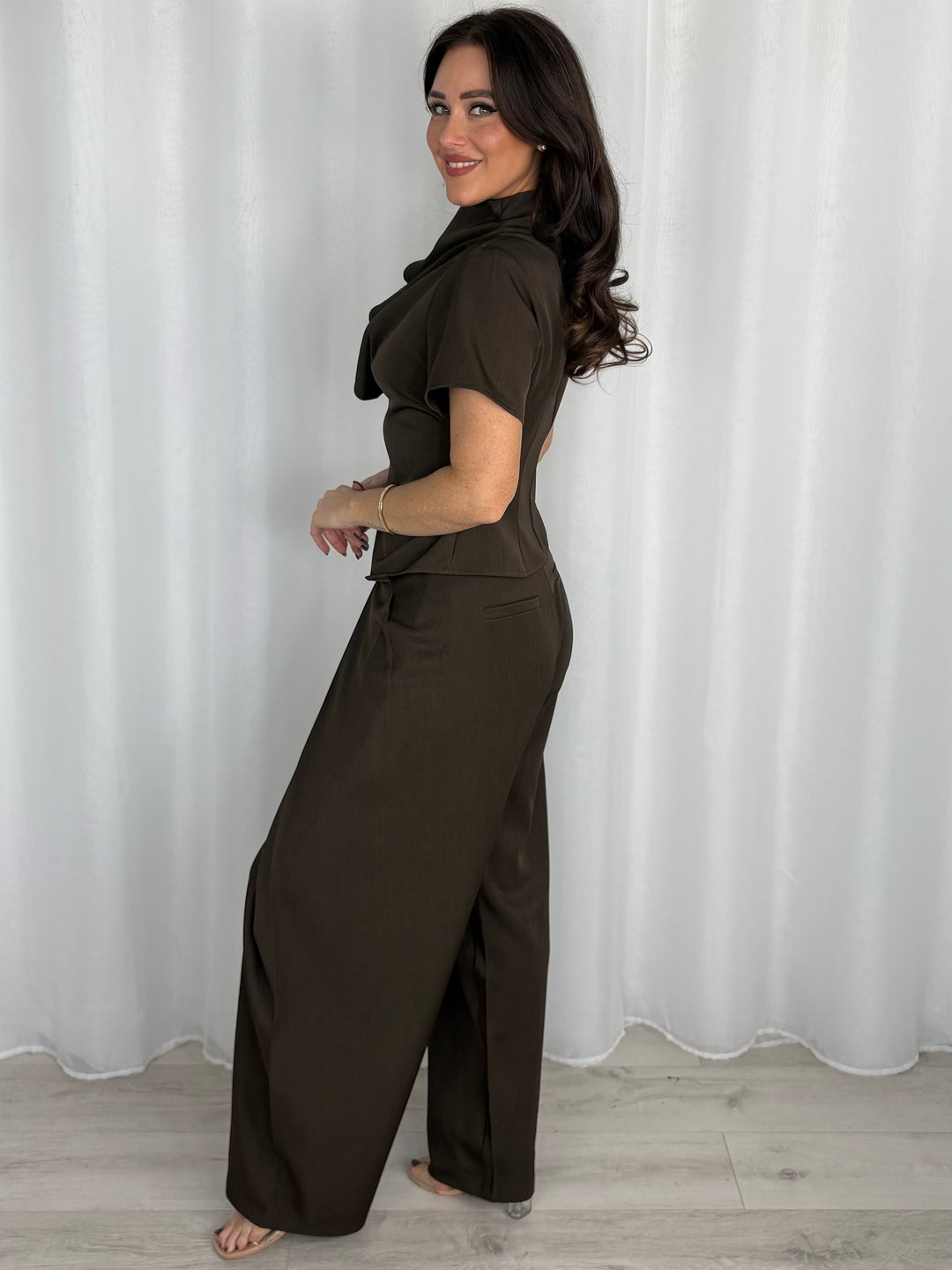 Draped Neck Waistcoat With Crossover Barrel Leg Trouser Co-Ord (2 Colours)
