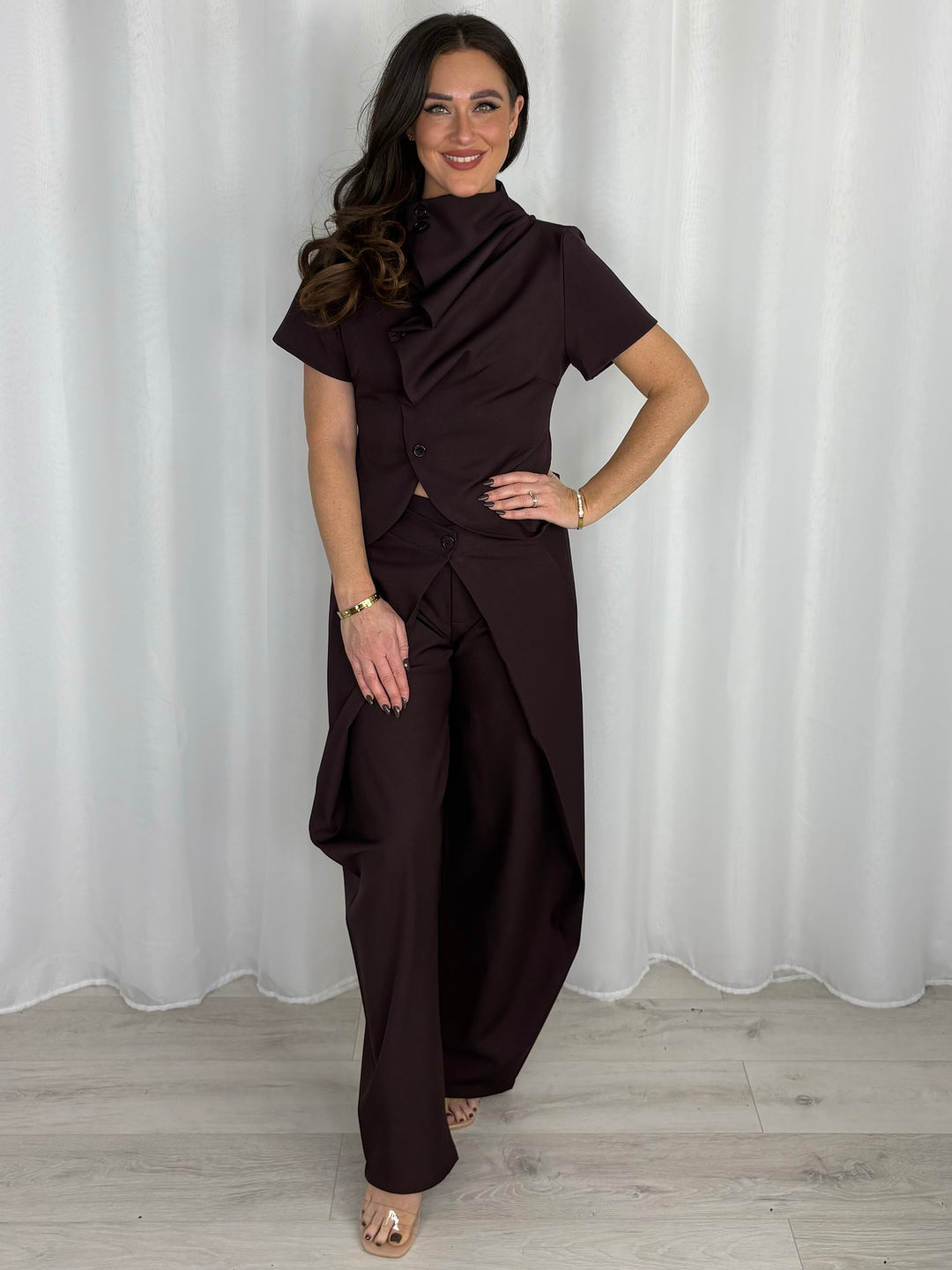 Draped Neck Waistcoat With Crossover Barrel Leg Trouser Co-Ord (2 Colours)