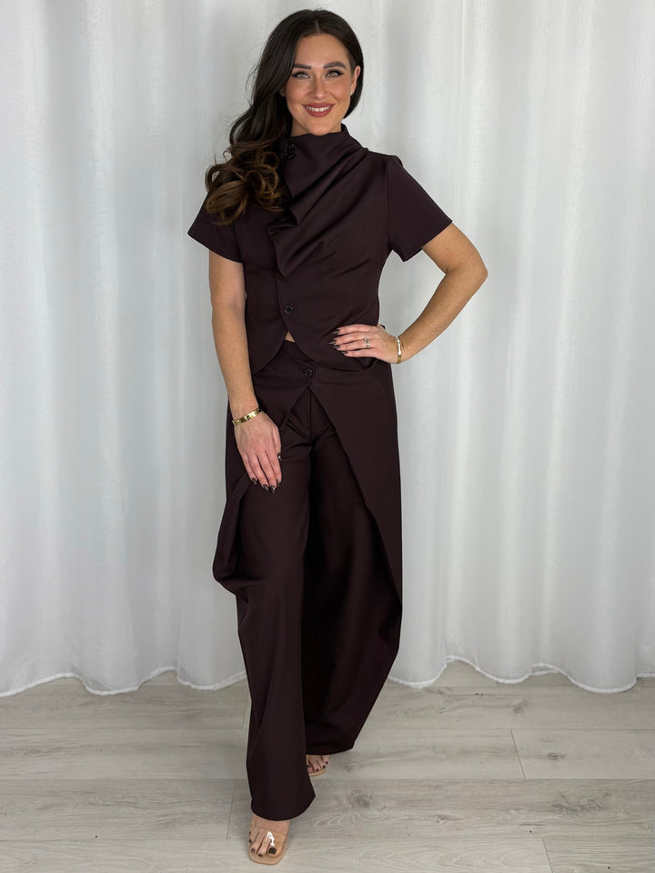 Draped Neck Waistcoat With Crossover Barrel Leg Trouser Co-Ord (2 Colours)