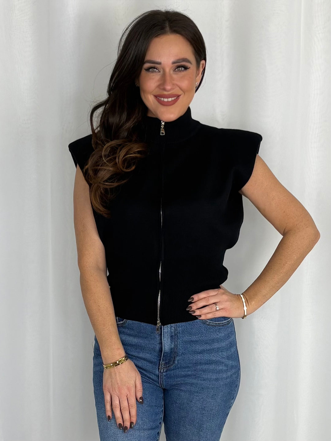 Zip Front Structured Shoulder Pad Knit Top (4 Colours)