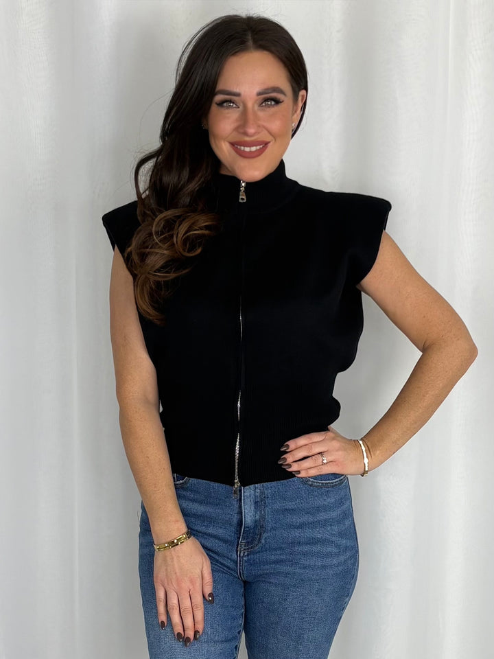Zip Front Structured Shoulder Pad Knit Top (4 Colours)
