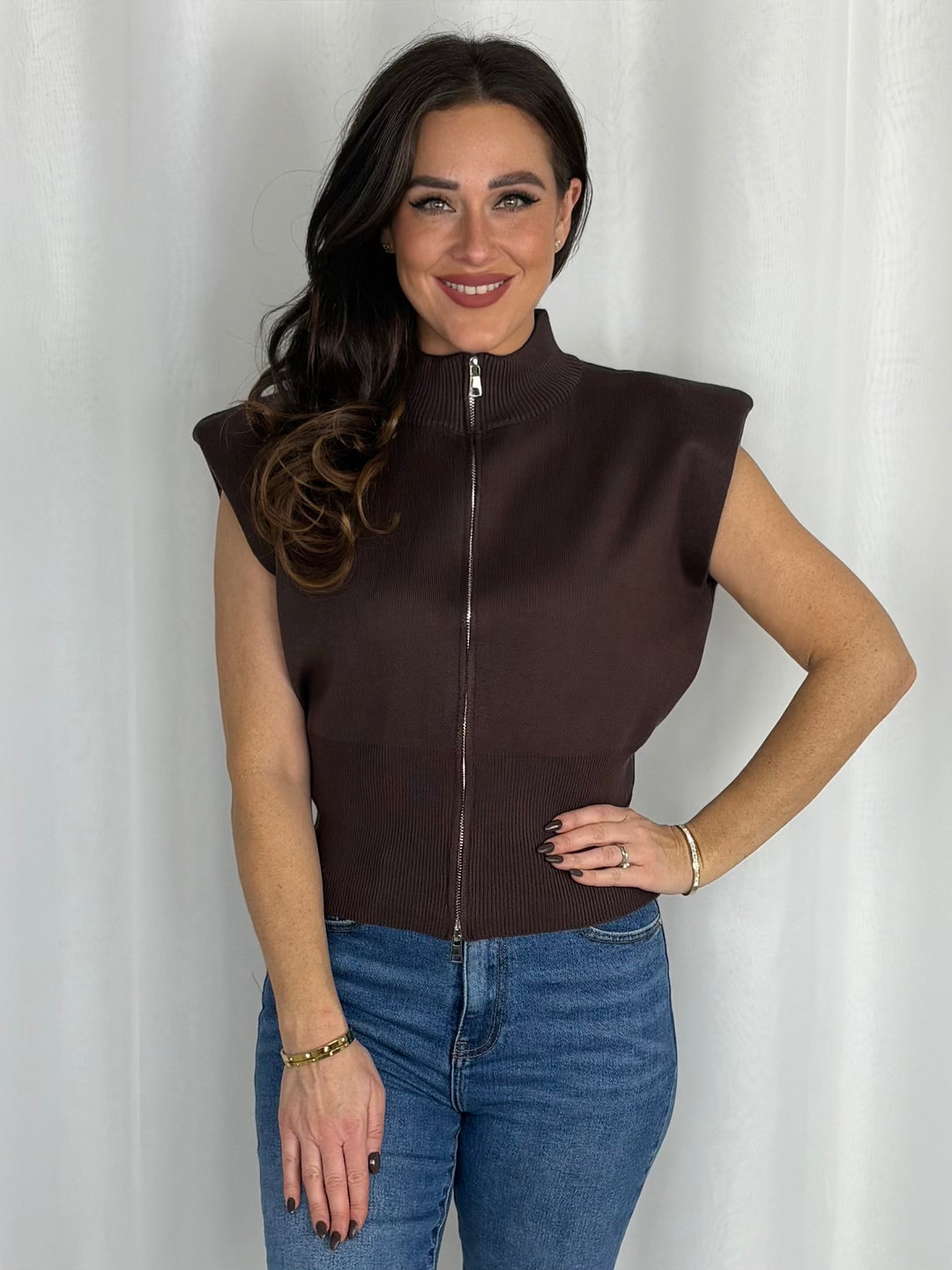 Zip Front Structured Shoulder Pad Knit Top (4 Colours)