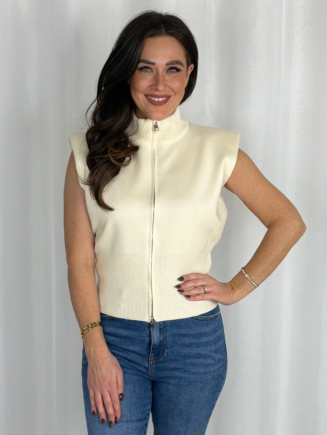 Zip Front Structured Shoulder Pad Knit Top (4 Colours)