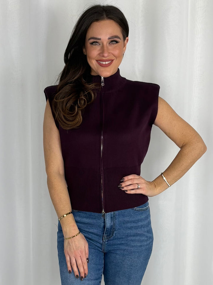Zip Front Structured Shoulder Pad Knit Top (4 Colours)
