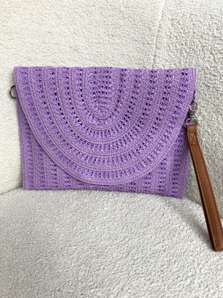 Lilac Crochet Straw Envelope Clutch Bag
