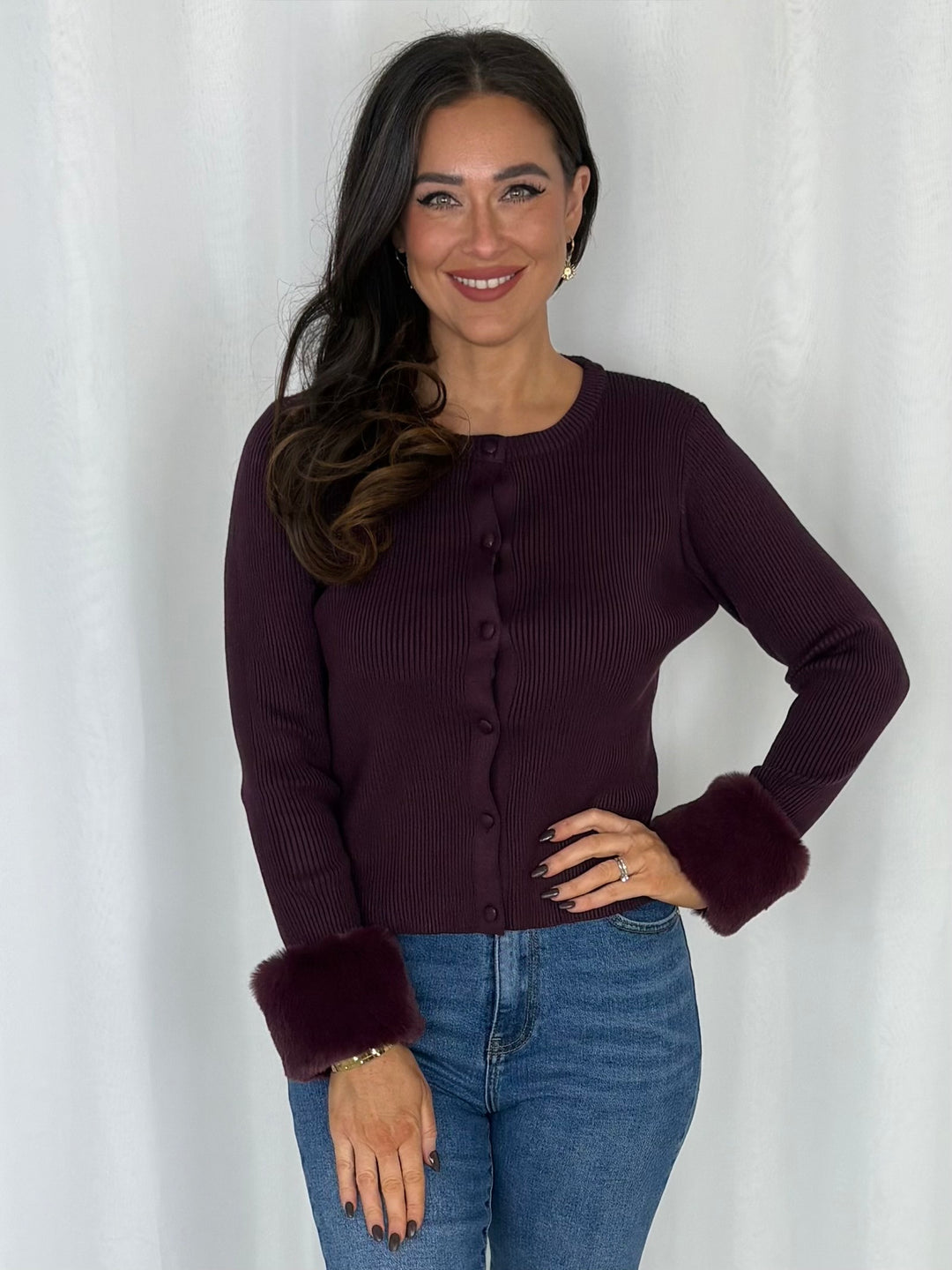 Faux Fur Cuff Ribbed Cardigan (4 Colours)