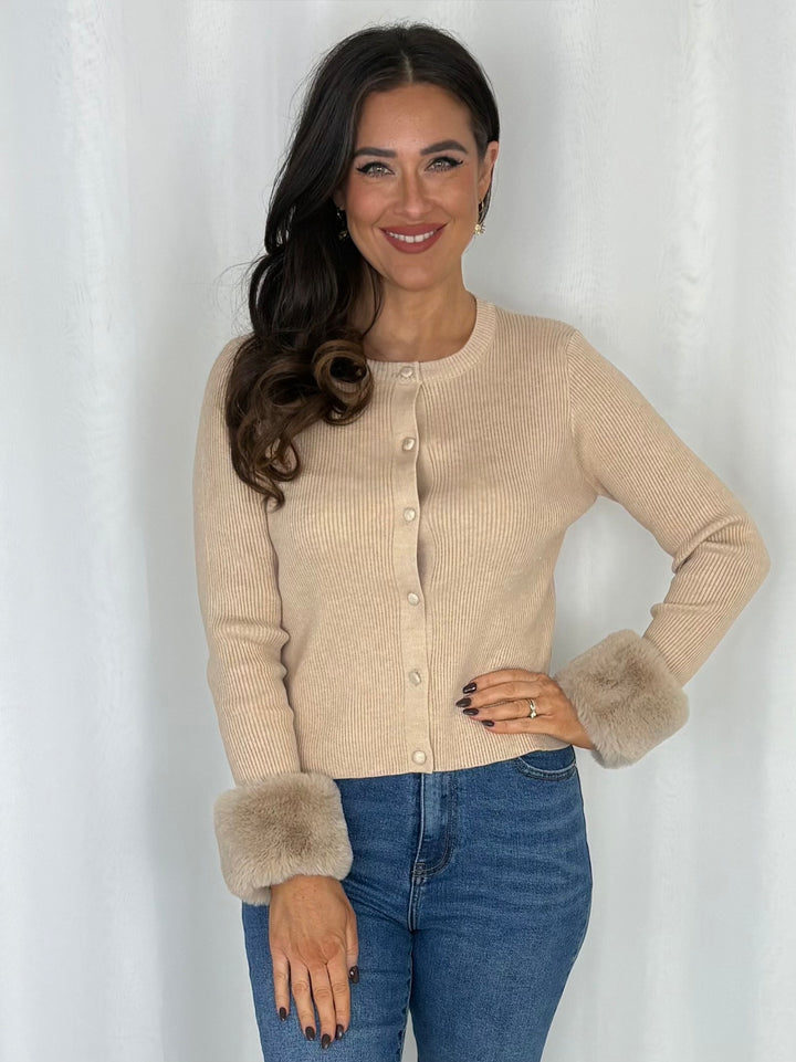 Faux Fur Cuff Ribbed Cardigan (4 Colours)