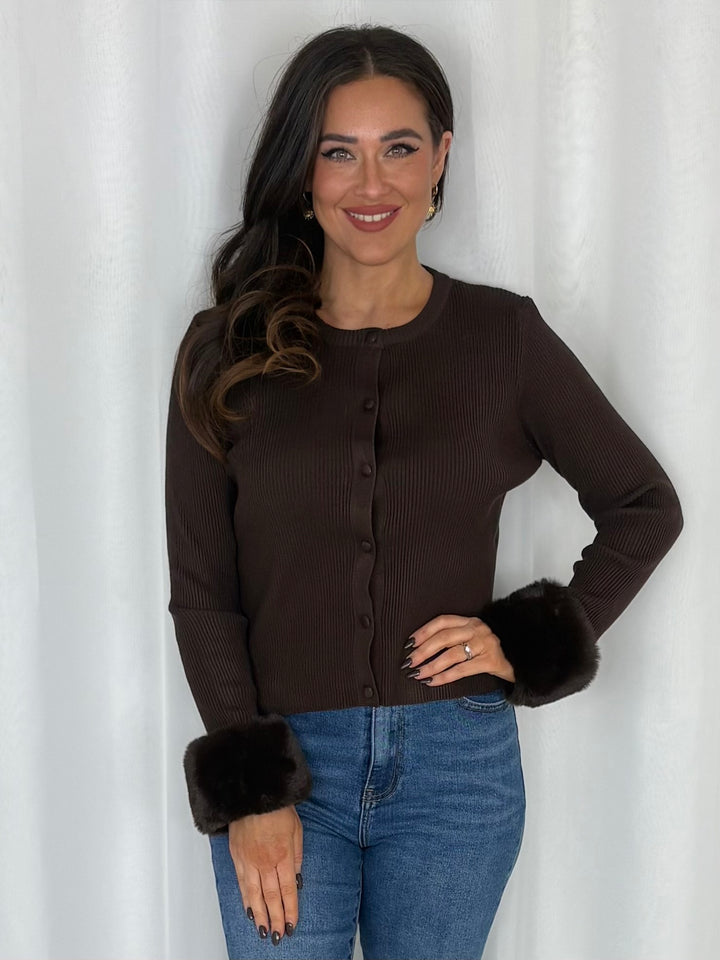Faux Fur Cuff Ribbed Cardigan (4 Colours)