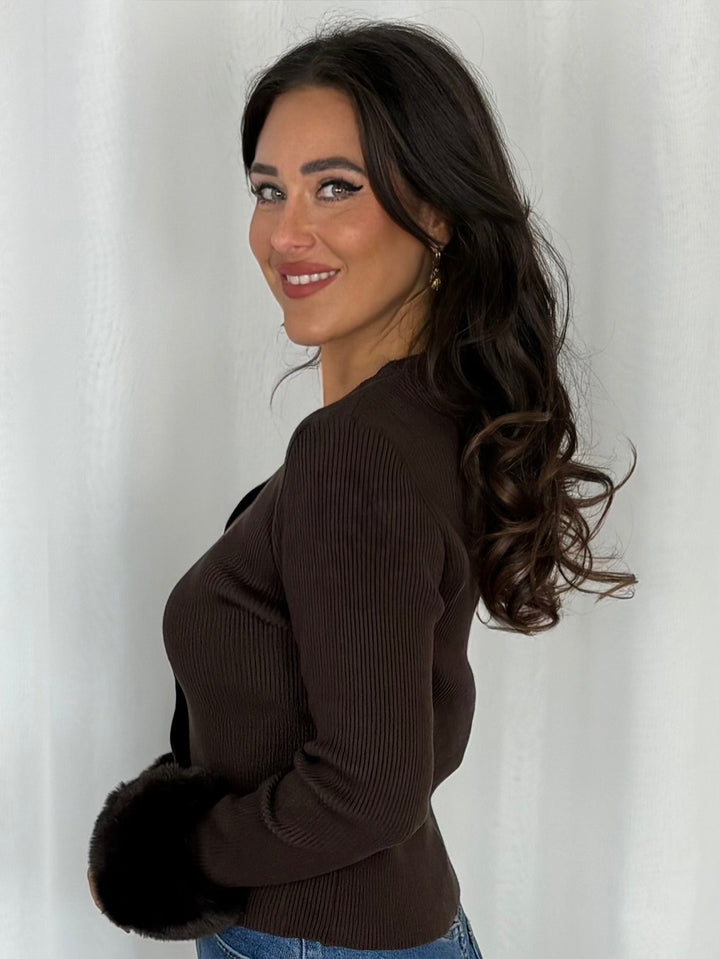 Faux Fur Cuff Ribbed Cardigan (4 Colours)