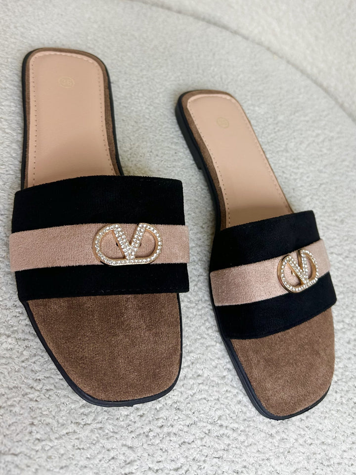 Nude And Black Stripe Suede V Sliders 340