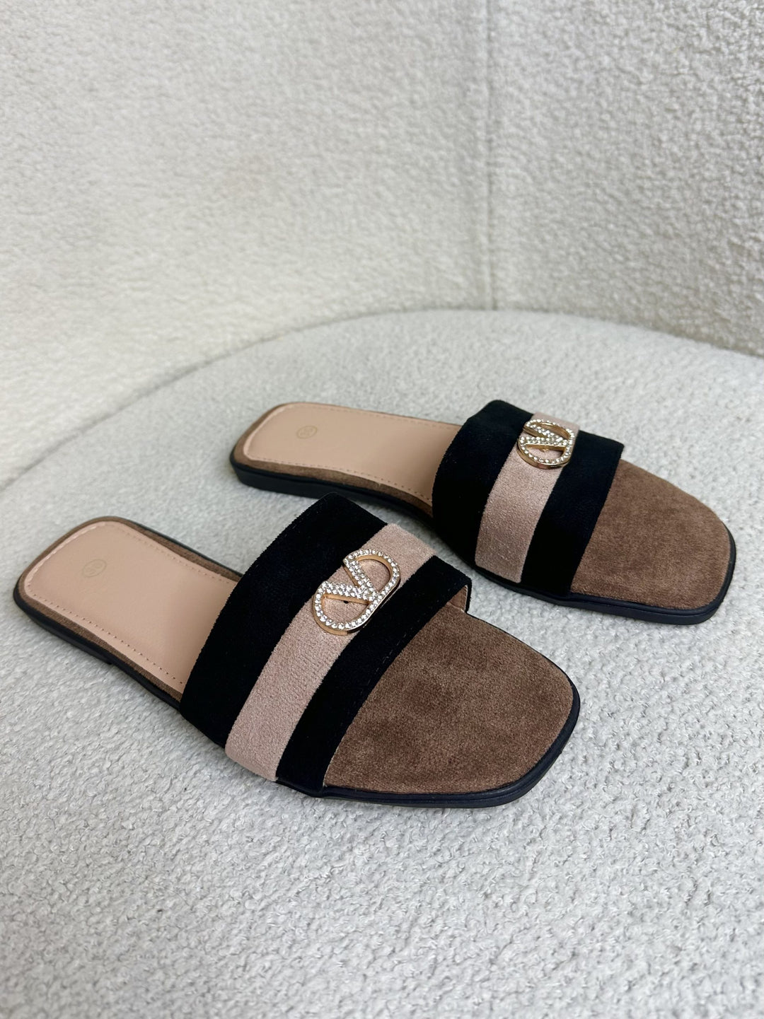Nude And Black Stripe Suede V Sliders 340