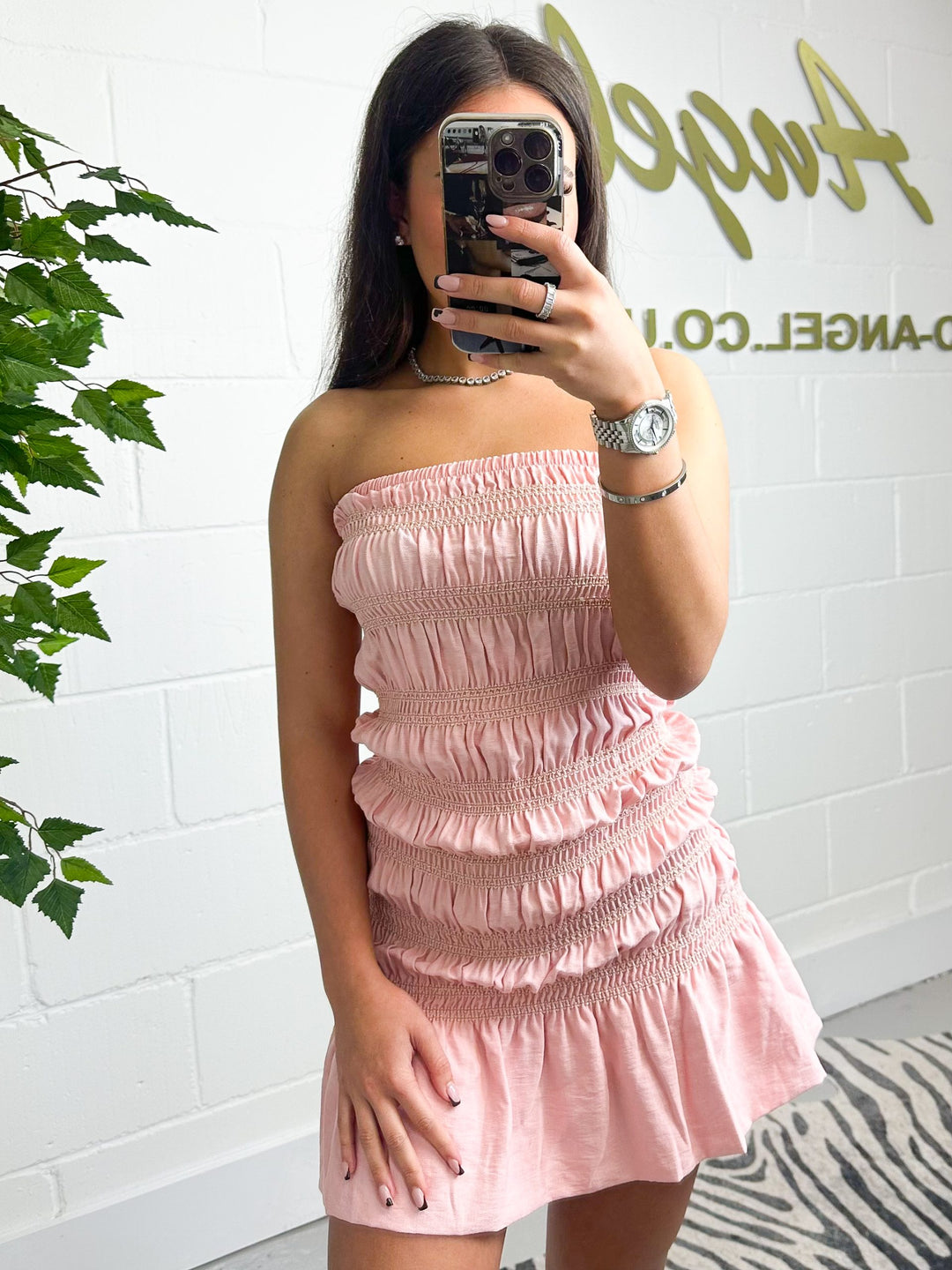 Pink Bardot Smocked Frill Bottom Dress
