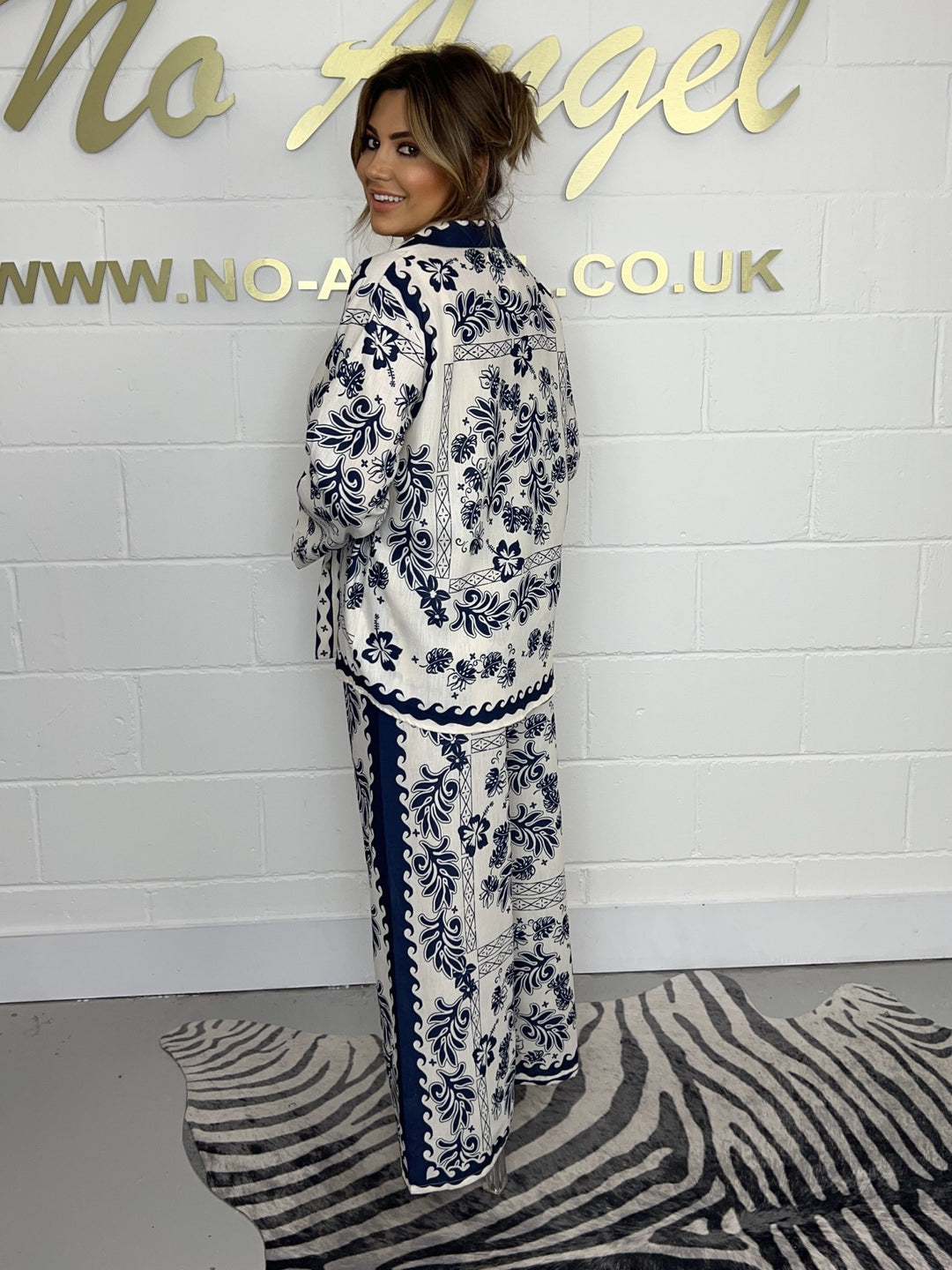Navy Linen Floral Printed Trouser & Shirt Co-Ord 756