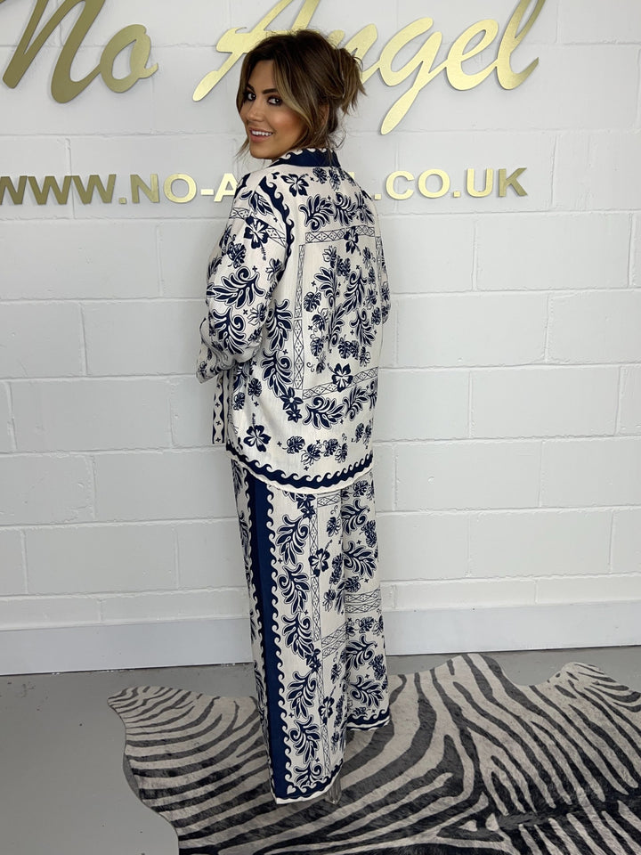 Navy Linen Floral Printed Trouser & Shirt Co-Ord 756