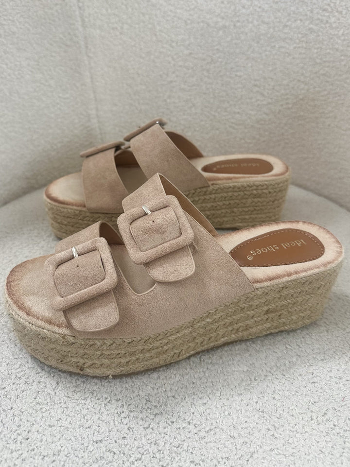 Nude Double Buckle Platform Slider