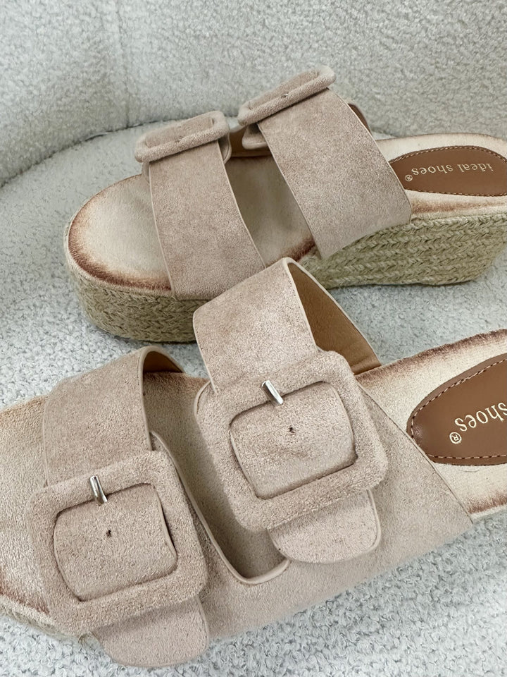 Nude Double Buckle Platform Slider