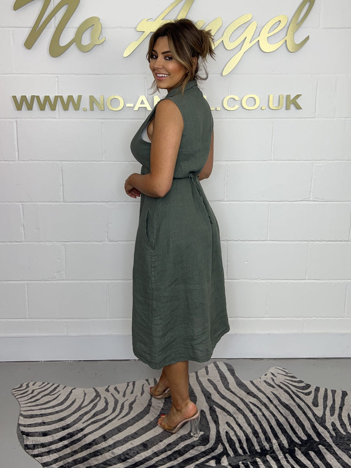Khaki Tie Back Linen Dress