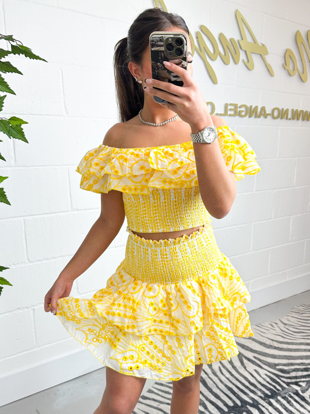 Yellow And White Bardot frill Top And Skirt Set