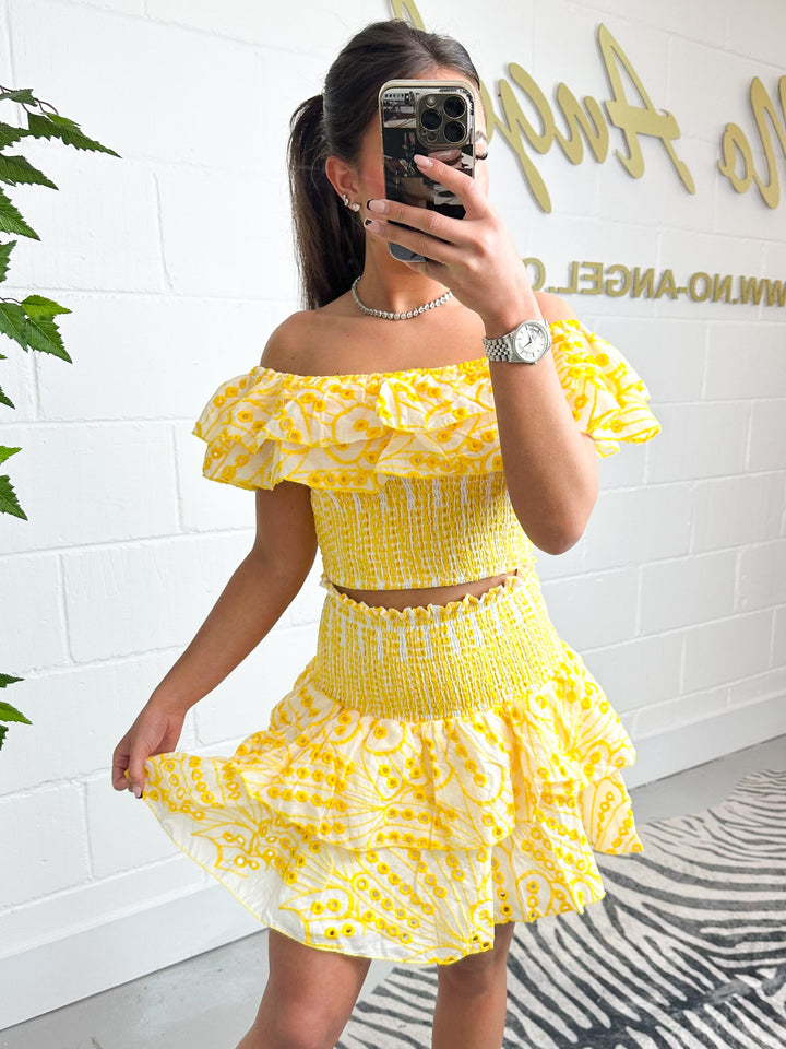 Yellow And White Bardot frill Top And Skirt Set