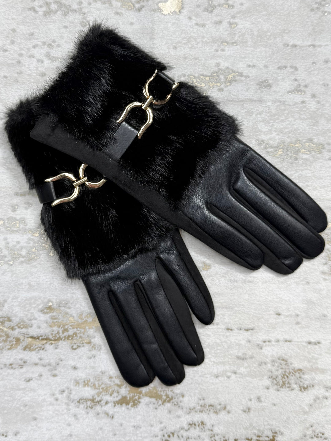 Faux Fur Cuff Gloves With Gold Buckle Detail (3 Colours)