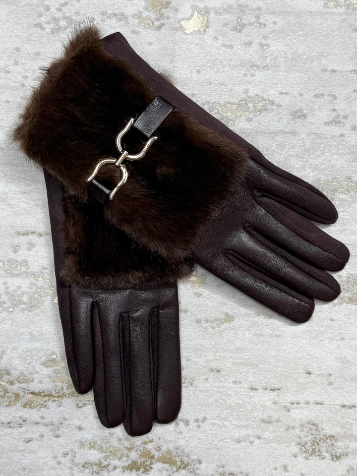 Faux Fur Cuff Gloves With Gold Buckle Detail (3 Colours)