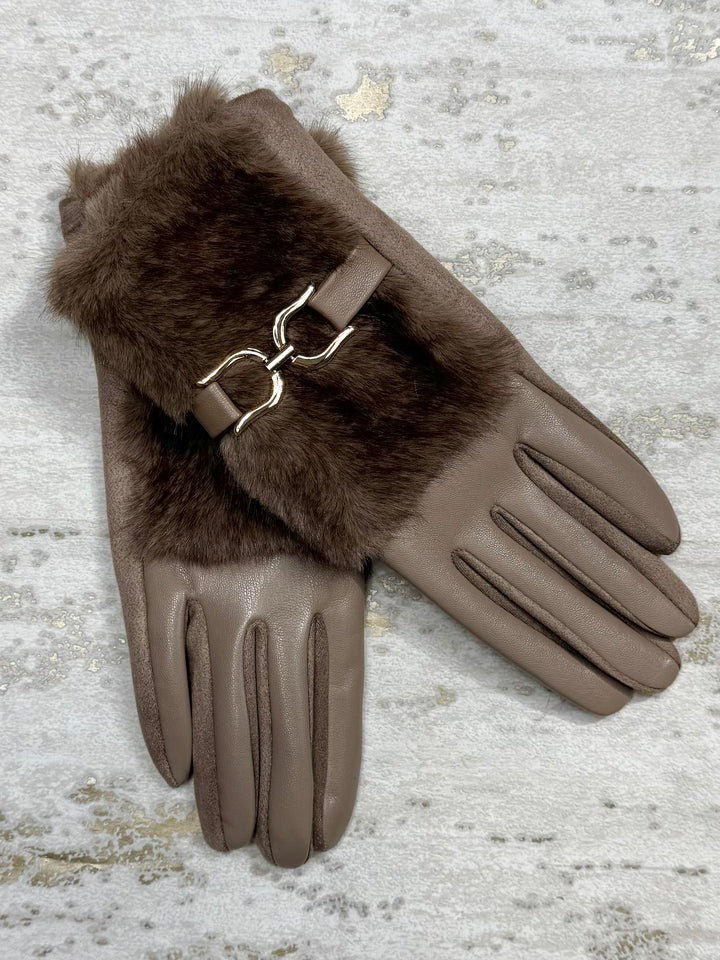 Faux Fur Cuff Gloves With Gold Buckle Detail (3 Colours)