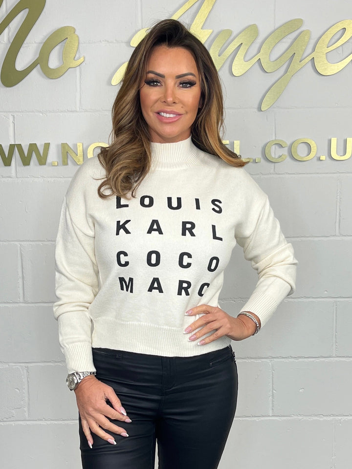 Cream Turtleneck Black Writing Jumper