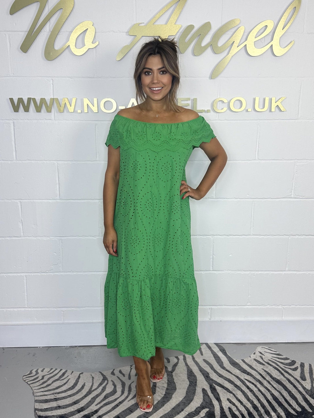 Green Bardot Embroidery Anglaise Maxi Dress 552