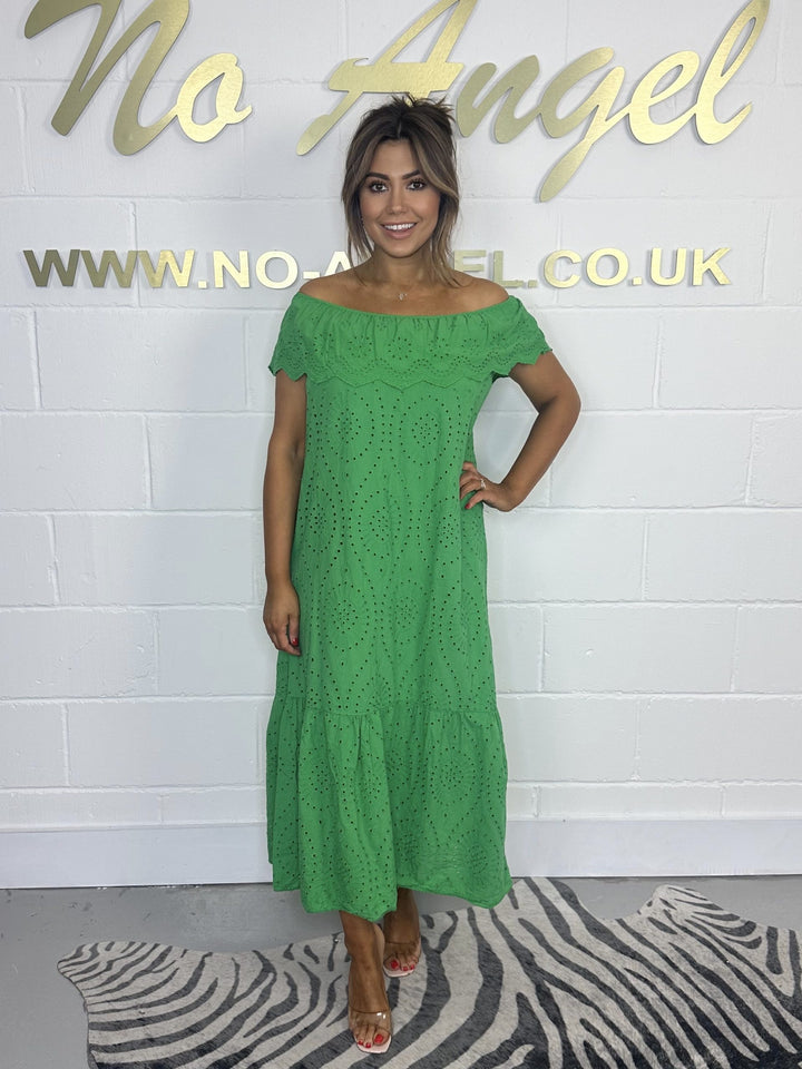 Green Bardot Embroidery Anglaise Maxi Dress 552