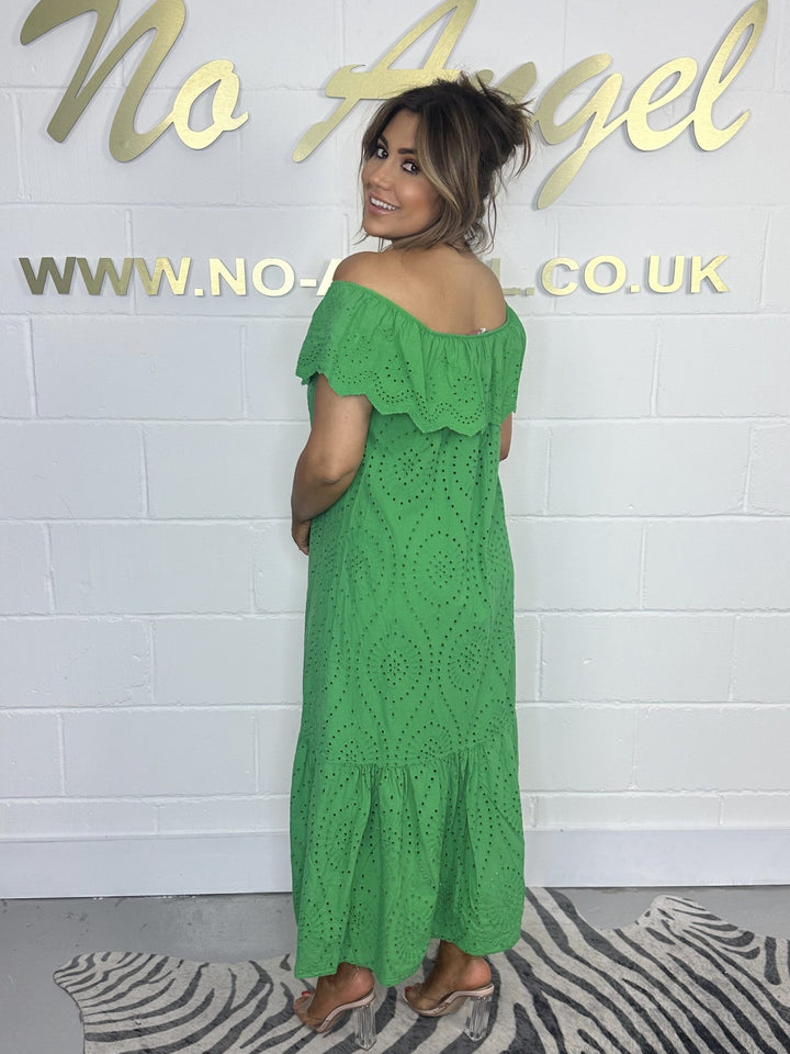 Green Bardot Embroidery Anglaise Maxi Dress 552